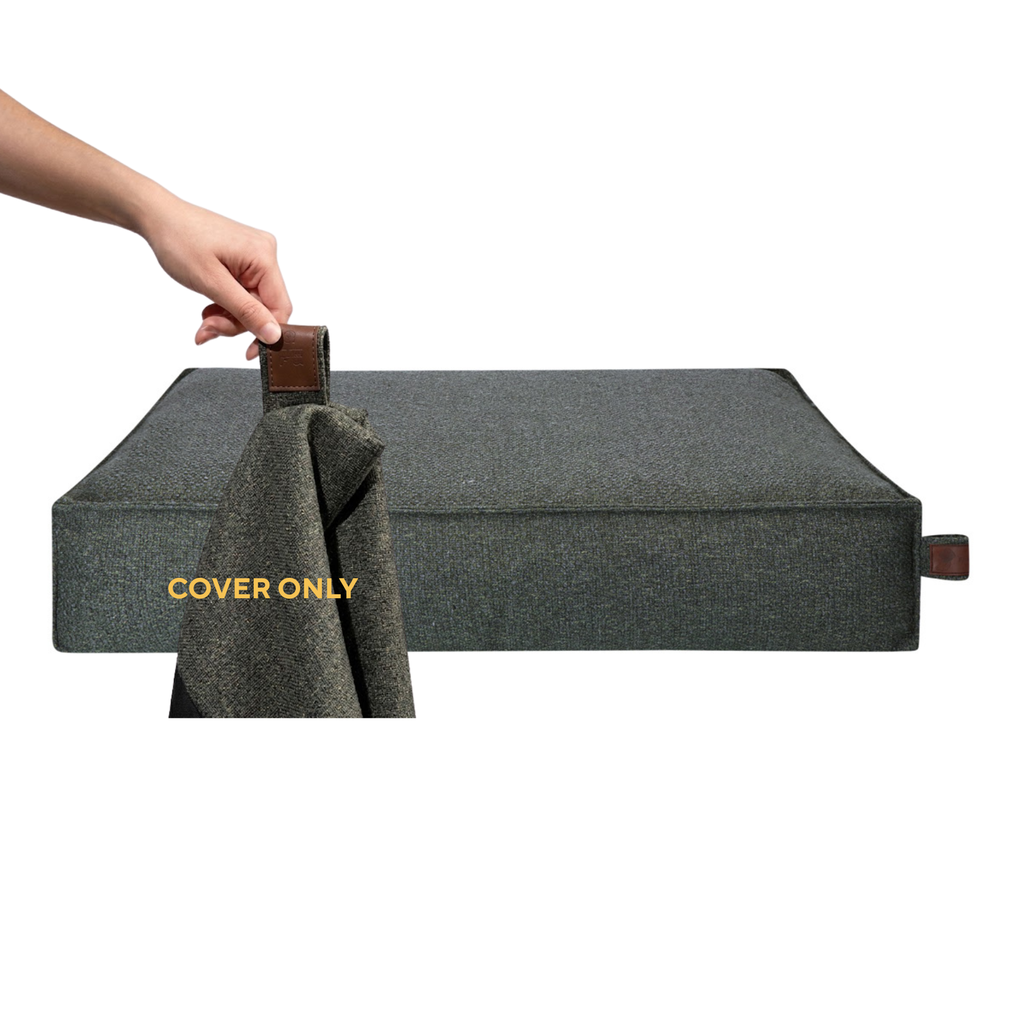 A hand lifting the removable cover off the Stargaze dog mattress in Seaweed Green, labelled Cover only 