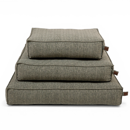 The Stargaze dog mattress in Forest Green in all three sizes, stacked 