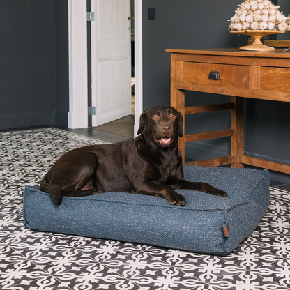 A chocolate Labrador lying on the Midnight Blue Stargaze dog mattress on a patterned tiled floor 