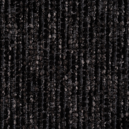 A close-up of a dark woven fabric texture with vertical ribbed stripes in black, charcoal gray, and subtle brownish-gray flecks.
