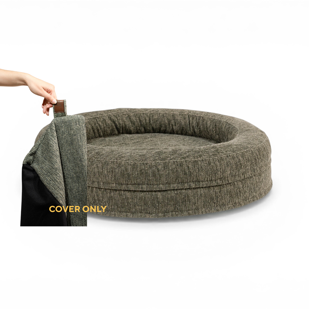 A hand lifting the removable cover off the round Swirl dog bed in Forest Green, labelled Cover only 