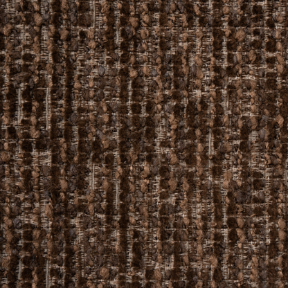 A close-up of a textured woven fabric with a vertical ribbed pattern in dark brown, medium brown, and beige. 