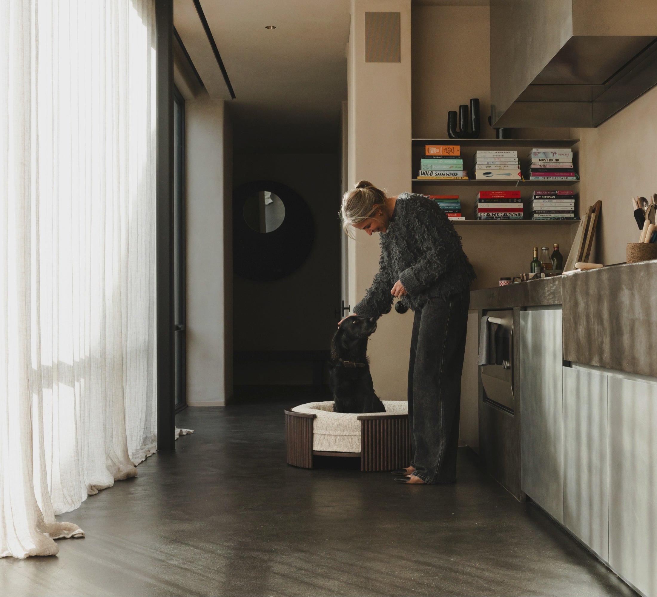 Load video: Dog in beige dog bed